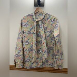 EUC Vintage 60s Floral Tie Neck Long Sleeve Button Down Pastel Blouse Size Large